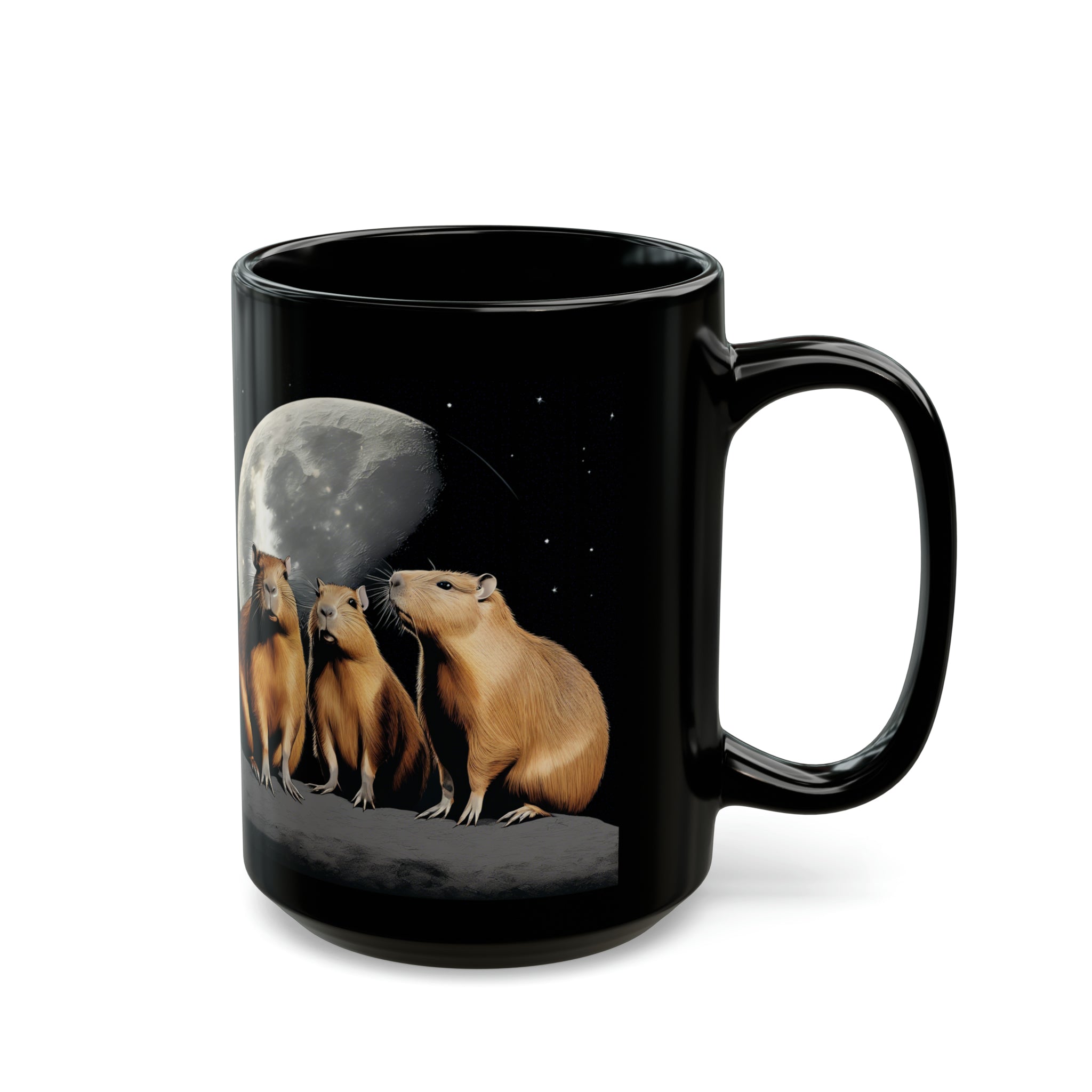 Three Capybara Moon Funny Capybara Meme Black Mug (11oz, 15oz) 3 Capybaras Meme Moon Interent Viral Cup