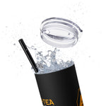 Load image into Gallery viewer, Helldivers 2 Liber-tea Skinny Tumbler with Straw, 20oz black glitter matte gift for gamer game libertea liberty democracy funny cute cool gifts
