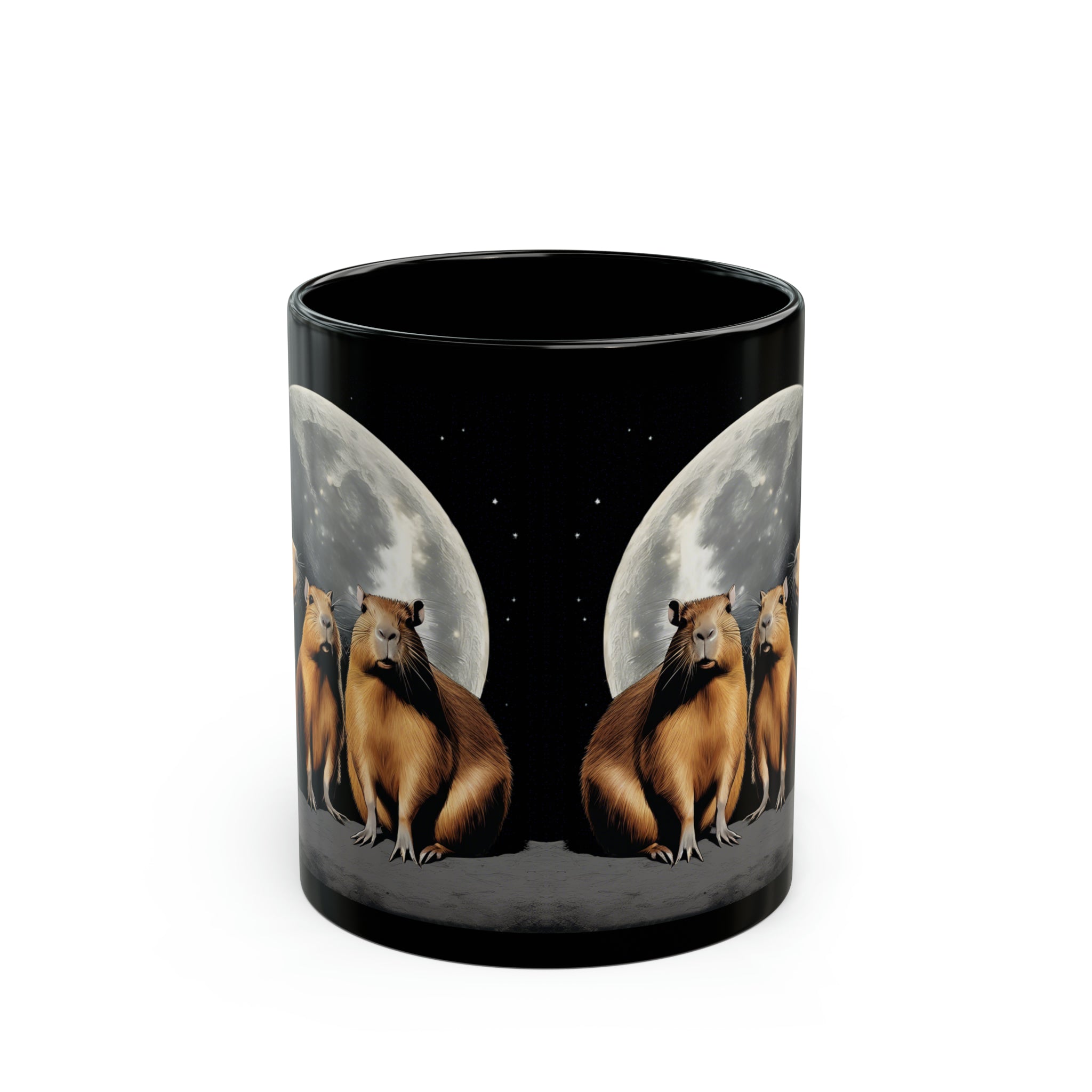 Three Capybara Moon Funny Capybara Meme Black Mug (11oz, 15oz) 3 Capybaras Meme Moon Interent Viral Cup