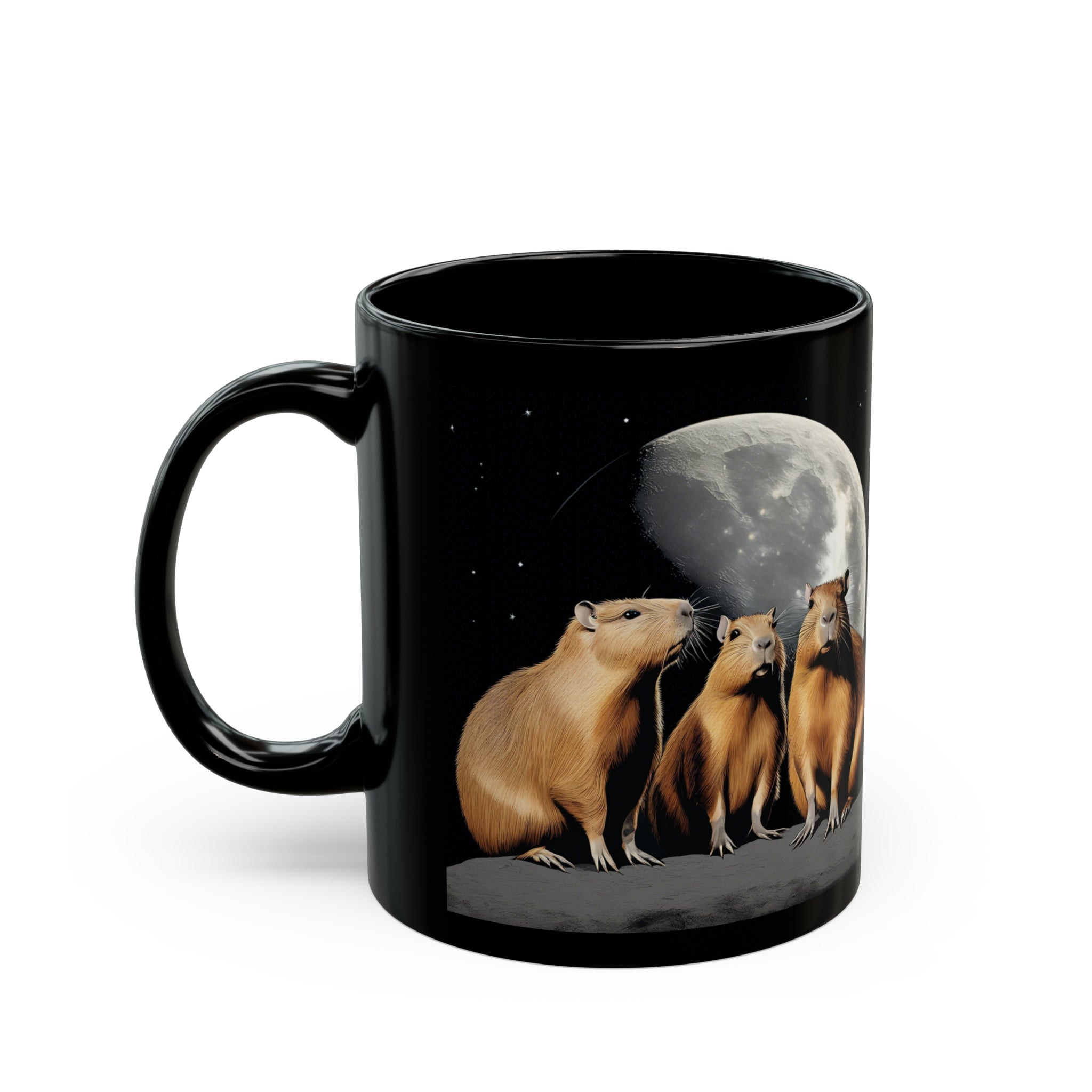 Three Capybara Moon Funny Capybara Meme Black Mug (11oz, 15oz) 3 Capybaras Meme Moon Interent Viral Cup