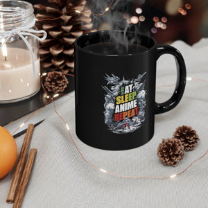 Eat Sleep Anime Repeat Black Mug (11oz, 15oz) Cool Abstract Graphic Art Cup Gift For Him Her Birthday Valentine's Otaku Christmas Presents