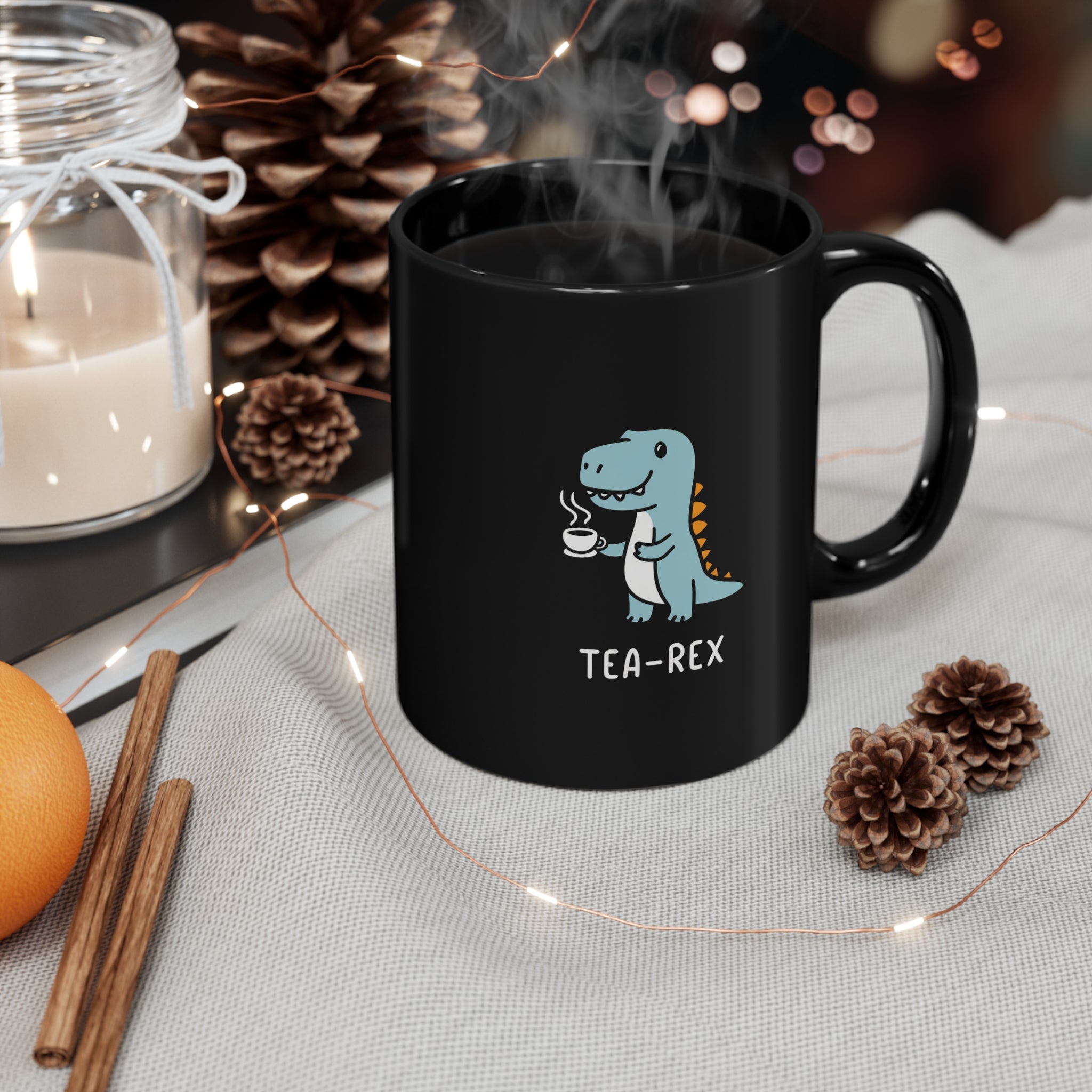 Tea-Rex Black Mug (11oz, 15oz) Cute Graphic Funny Pun Birthday Christmas Valentine's Cup For Kids Children Child Young Art