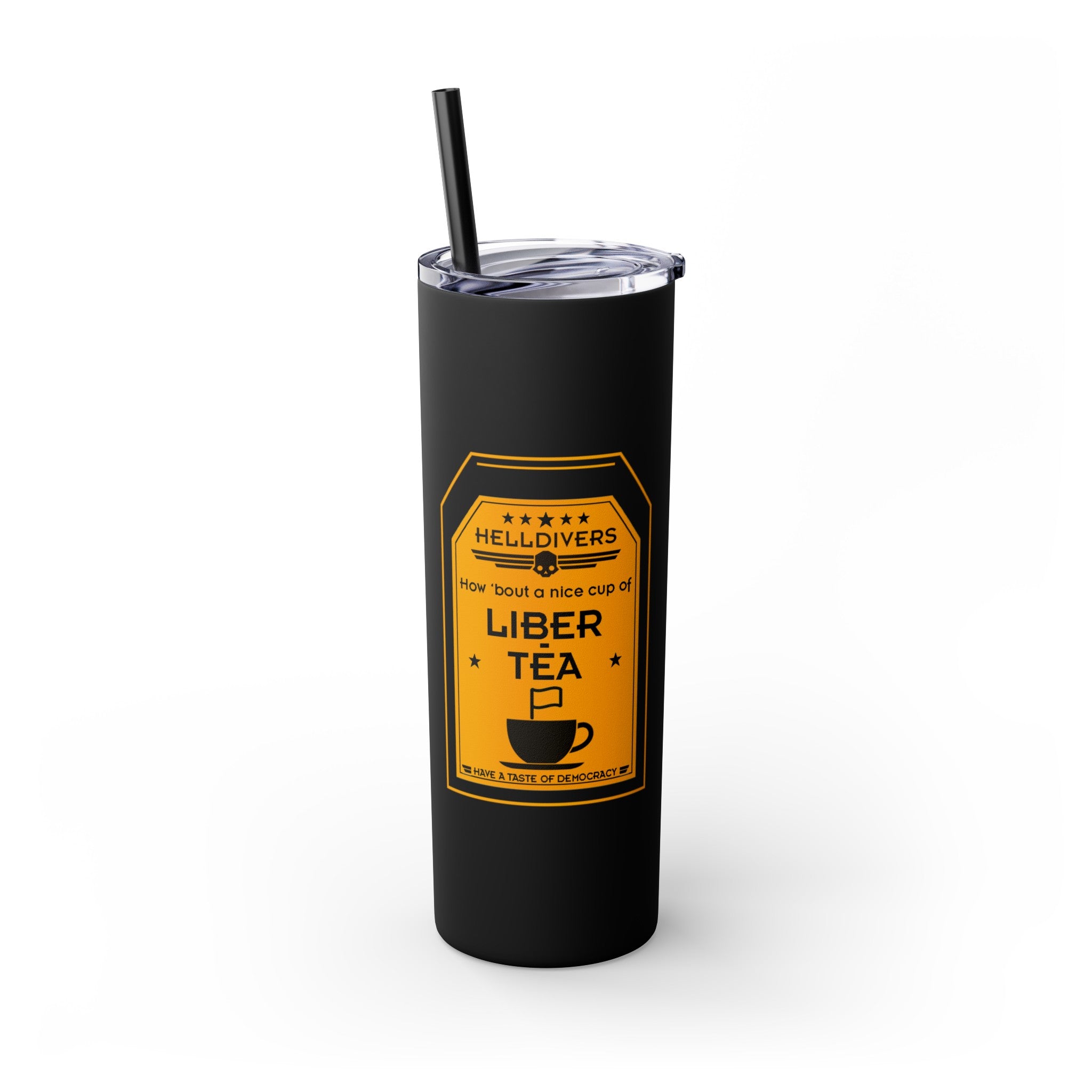 Helldivers 2 Liber-tea Skinny Tumbler with Straw, 20oz black glitter matte gift for gamer game libertea liberty democracy funny cute cool gifts