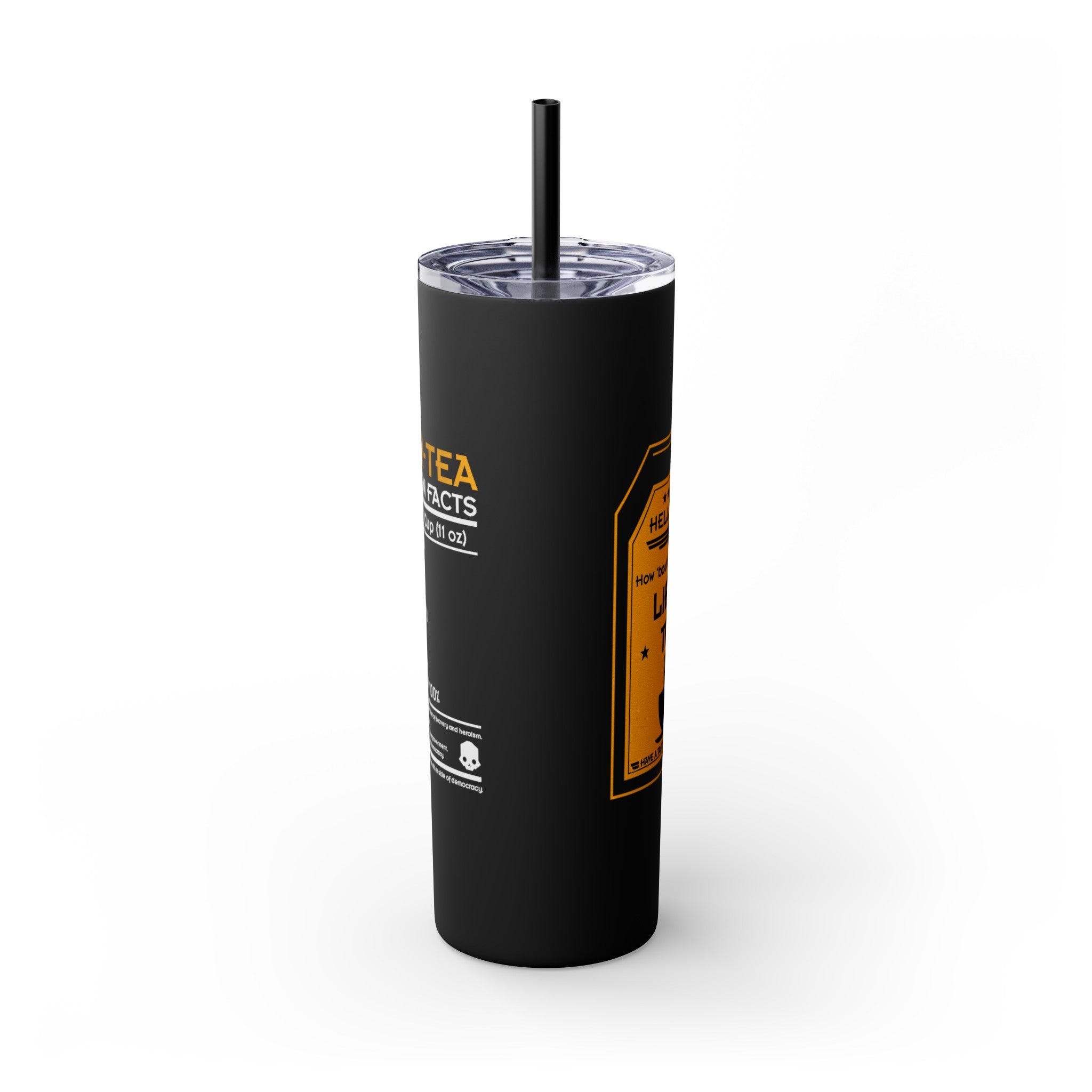 Helldivers 2 Liber-tea Skinny Tumbler with Straw, 20oz black glitter matte gift for gamer game libertea liberty democracy funny cute cool gifts